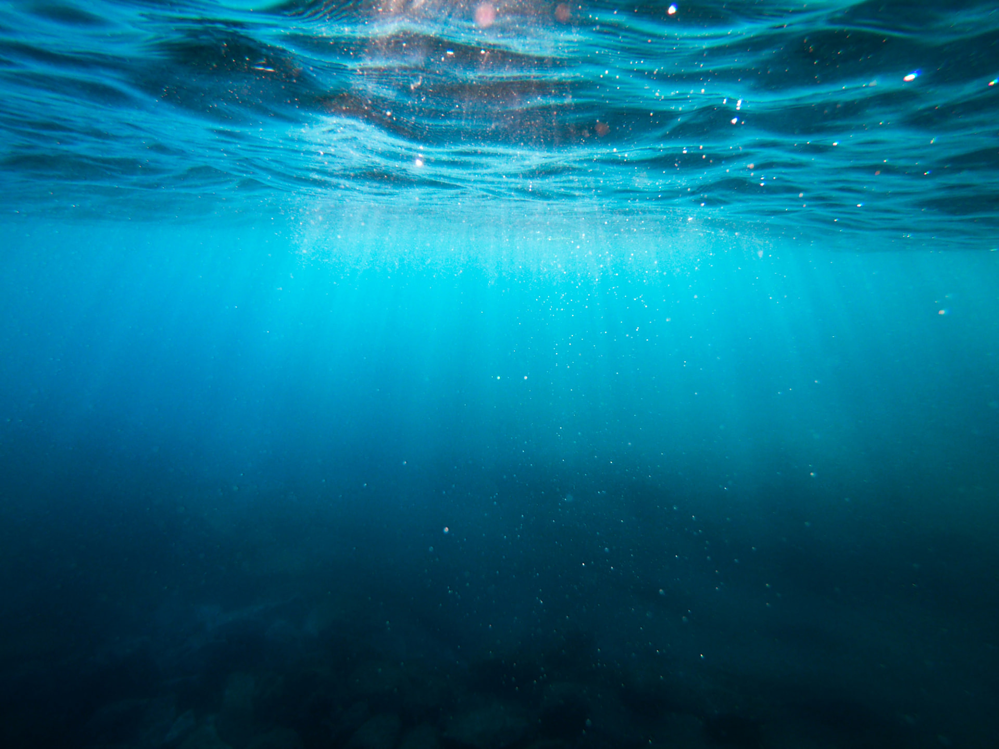 Vista subaquática do oceano com raios de luz vindos da superfície